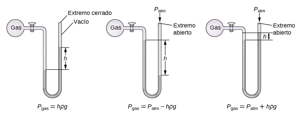 Se muestran tres diagramas de manómetros. Cada manómetro consta de un recipiente esférico de color rosa lleno de gas a la izquierda que está conectado a un tubo sellado en forma de U mediante una válvula a la derecha. La parte superior de la U se alinea con la esfera llena de gas y la U, que se extiende por debajo, contiene mercurio. El primer manómetro tiene un tubo sellado. El extremo sellado de la parte superior derecha en el diagrama está marcado como "extremo cerrado" y "vacío". El nivel de mercurio es más alto en el lado derecho del tubo que en el izquierdo. La diferencia de altura se denomina "h". Debajo de esta ilustración del manómetro aparece la marca P subíndice gas signo de igualdad h rho g. El segundo manómetro tiene un tubo de extremo abierto, que se marca como "extremo abierto". En esta apertura en la parte superior derecha del diagrama se encuentra la marca P subíndice atm. El nivel de mercurio es más alto en el lado izquierdo del tubo que en el derecho. Esta diferencia de altura se denomina "h". Debajo de esta ilustración del manómetro aparece la marca P subíndice gas signo de igualdad P subíndice atm signo negativo h rho g. El tercer manómetro tiene un tubo abierto y es similar al segundo manómetro, salvo que el nivel de mercurio es más alto en el lado derecho del tubo que en el izquierdo. Esta diferencia de altura se denomina "h". Debajo de esta ilustración del manómetro aparece la marca P subíndice gas signo de igualdad P subíndice a m signo positivo h rho g.