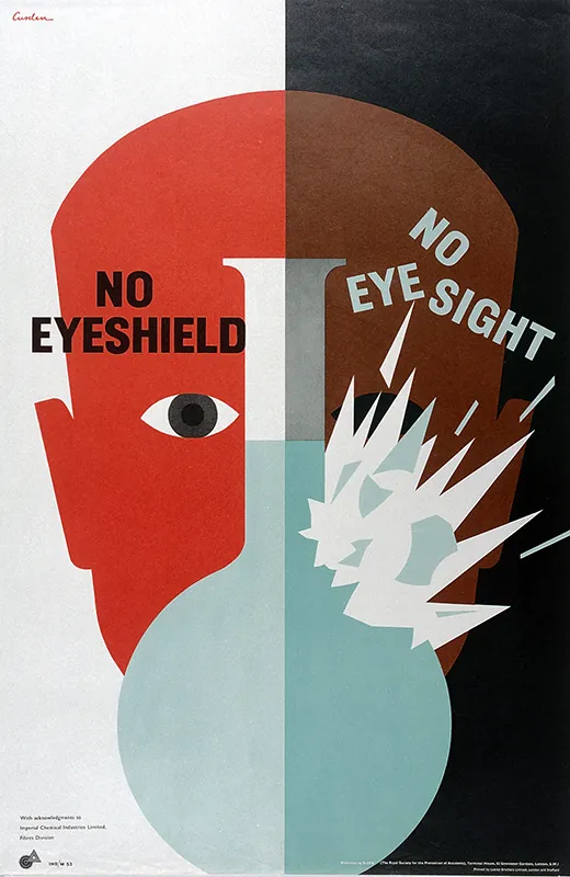A cause-and-effect poster with two contrasting fields indicates the possible result of working in a lab without eye protection. The flask pictured overlapping a human face explodes on the right side. The text reads, “No eyeshield, no eye sight.”