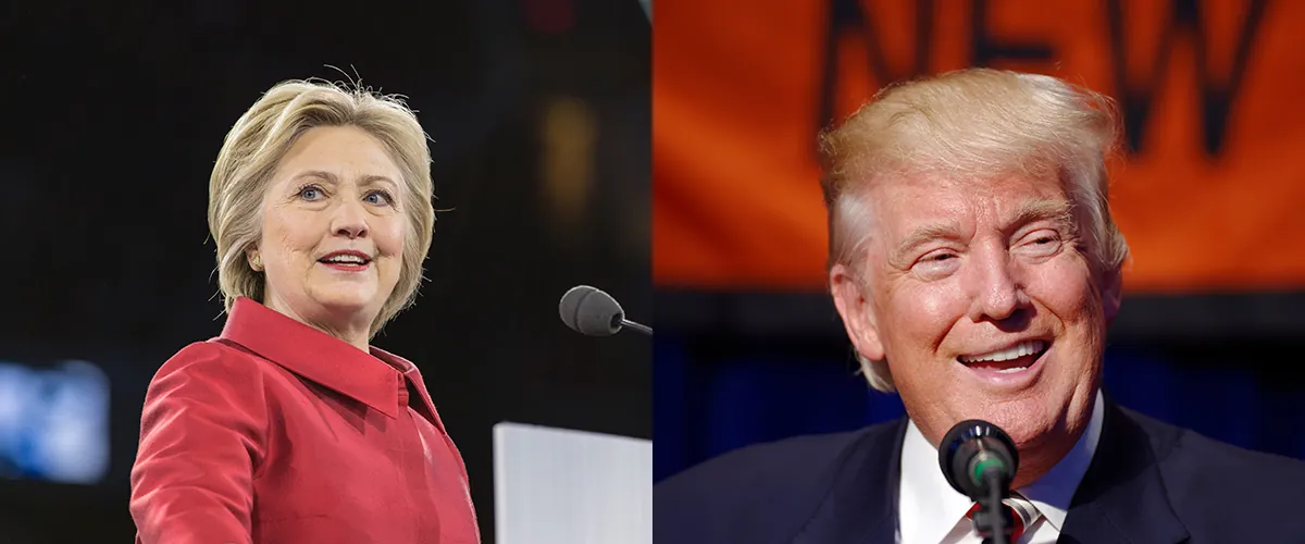 Hillary Clinton and Donald Trump at podiums delivering speeches.