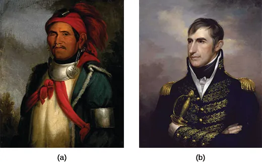 Painting (a) is a portrait of Tenskwatawa, who wears metal earrings and collar and a red cloth hat with feathers. His right eye is missing. Painting (b) is a portrait of William Henry Harrison, who wears an elaborate military uniform.