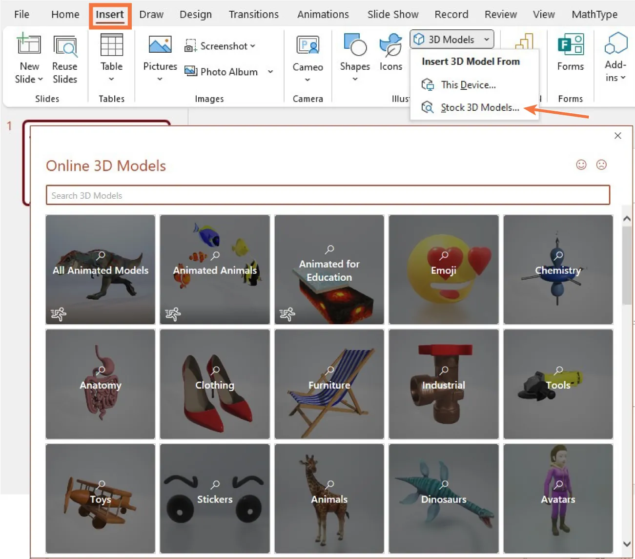 3D Models is selected from the Illustrations command group in the Insert tab opening to Insert 3D Models from Stock 3D Models. An Online 3D Models pane opens to categories for selection.