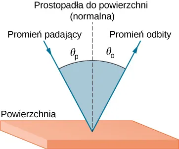 Promień światła pada na gładką powierzchnię pod kątem teta p względem linii narysowanej prostopadle do powierzchni w miejscu, gdzie promień pada na powierzchnię. Promień odbity tworzy kąt teta o względem tej samej linii prostopadłej do powierzchni. Oba promienie - padający i odbity - znajdują się po tej samej stronie powierzchni, lecz po przeciwnych stronach prostopadłej linii.