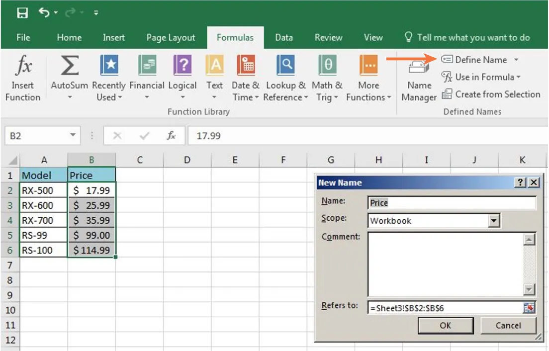 Columns A and B are selected in a spreadsheet. Define Name is selected. A New Name pane lists Name: Price, Scope: Workbook, Comments: blank, and Refers To: =Sheet3!$B$2:$B$6.