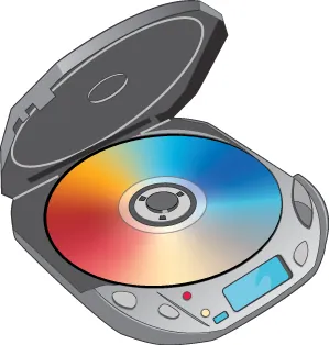 Drawing of a portable CD player. Its cover is open, showing a CD that has a red sector on the lower left, of about 90 degrees, a blue sector on the upper right of about 120 degrees, and a yellow sector between them of about 30 degrees.