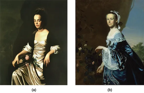 Painting (a) is a portrait of Judith Sargent Murray. Painting (b) is a portrait of Mercy Otis Warren. Both women wear silk dresses and pose with flowers.