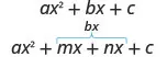 This figure shows two equations. The top equation reads a times x squared plus b times x plus c. Under this, is the equation a times x squared plus m times x plus n times x plus c. Above the m times x plus n times x is a bracket with b times x above it.