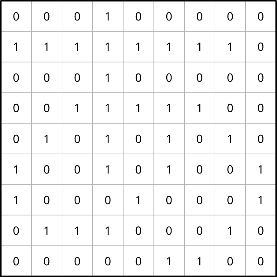 A 9 by 9 bitmap with 0s and 1s representing white and black.
