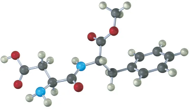 The ball and stick model of aspartame where grey, black, blue and red spheres represent hydrogen, carbon, nitrogen, and oxygen, respectively.