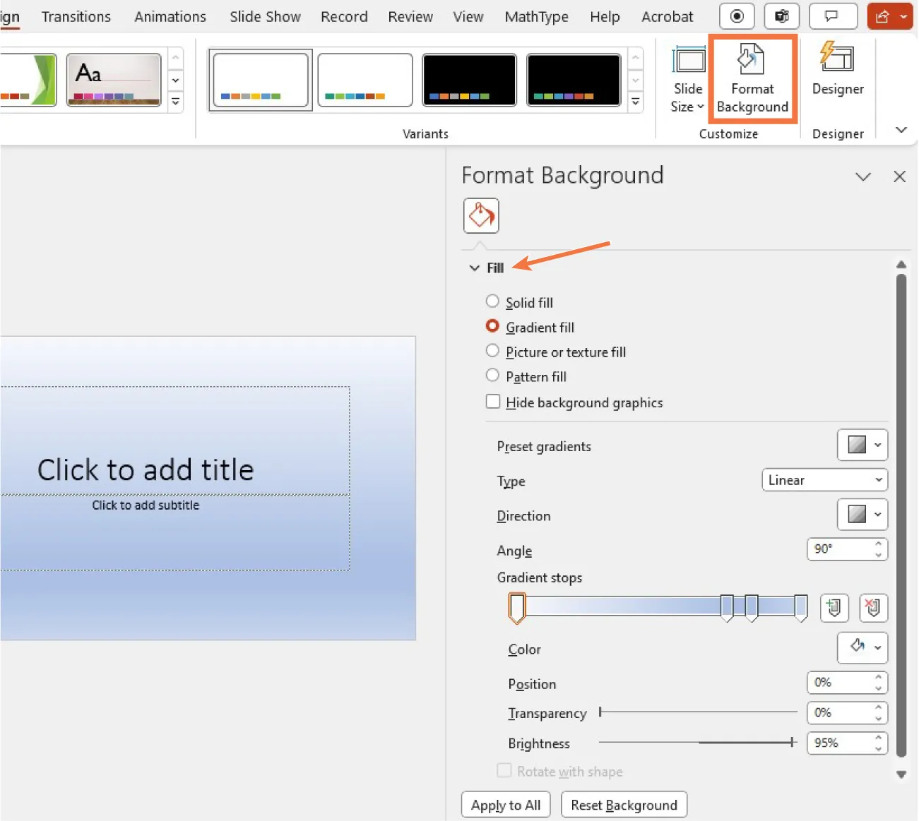 A screenshot of the Format Background button in the Customize command group opening to list Fill options (Gradient fill selected). The slide goes from light blue (at top) to darker blue (at bottom).