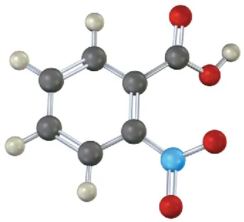 The ball-and-stick model of a molecule has a 6-membered ring with alternate double bonds. C 1 is bonded to a carboxylic acid group and C 2 to a nitro group.