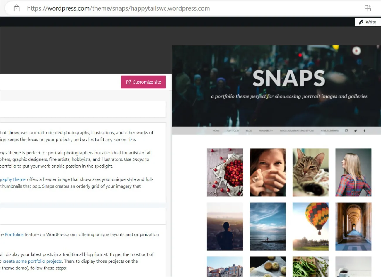 A WordPress window displays the Snaps theme with a Customize site button. Selectable thumbnail images and text fill the screen.