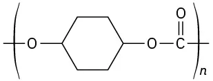 The structure of a polymer comprising oxygen linked to cyclohexane further bonded to another oxygen and carbonyl group. The structure is inside the parentheses and has a subscript n.