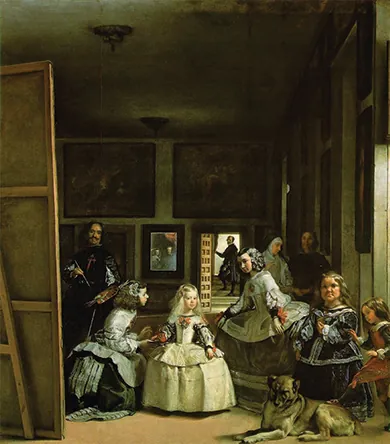 A painting depicts King Philip IV and Queen Mariana’s young daughter surrounded by her entourage. Diego Velázquez stands to one side, painting the scene.