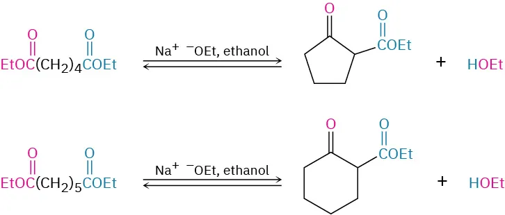 The first reaction shows the intramolecular condensation of a diester (six-carbon) forming a cyclic five-membered dicarbonyl. The second reaction shows the formation of cyclic six-membered dicarbonyl (seven-carbon) using sodium ethoxide/ethanol.