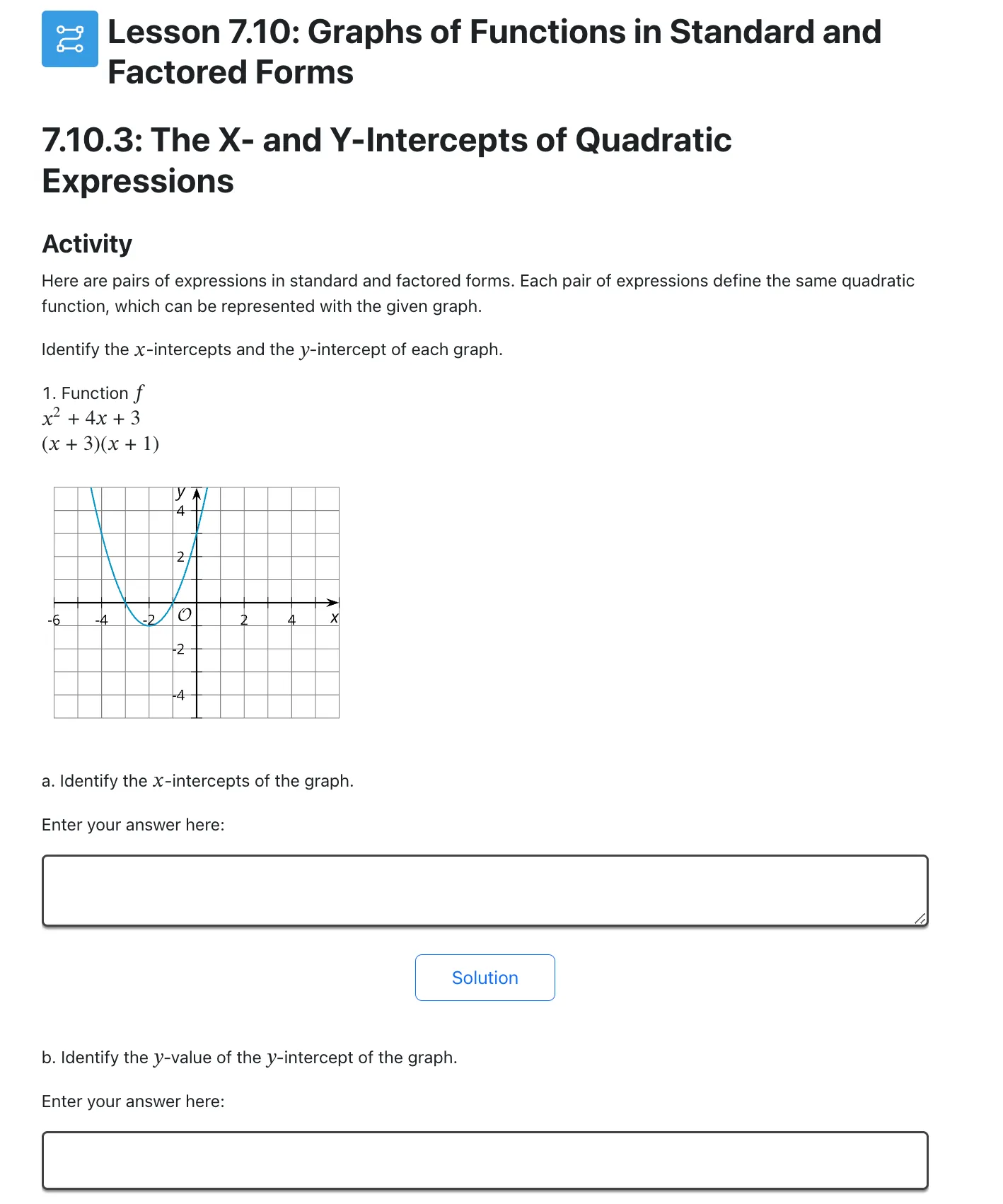 A screenshot from the curriculum showing a lesson about quadratic functions and their graphs.