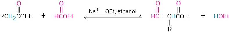 A mixed Claisen condensation between two different esters produces a beta-ketoester product and ethyl alcohol as a byproduct. This reaction forms new carbon-carbon bonds and releases alcohol.