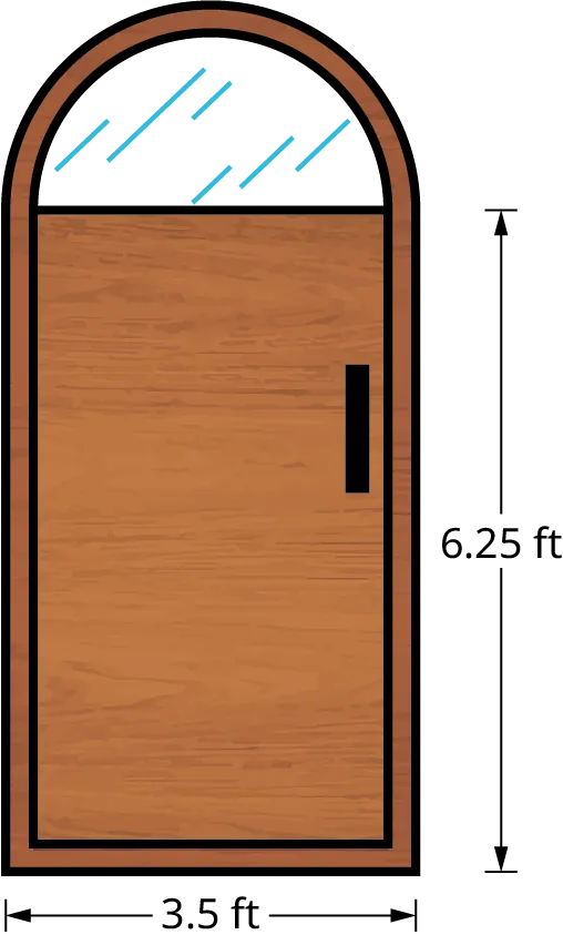 A door resembles a semicircle placed on top of a rectangle. The length and width of the rectangle are 6.25 feet and 3.5 feet. The diameter of the semicircle is 3.5 feet.