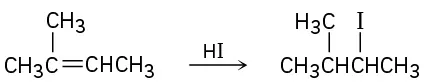 A reaction shows 2-methyl-2-butene reacting with hydrogen iodide to form a 4-carbon chain, in which C2 is bonded to iodine and C3 is bonded to a methyl group.