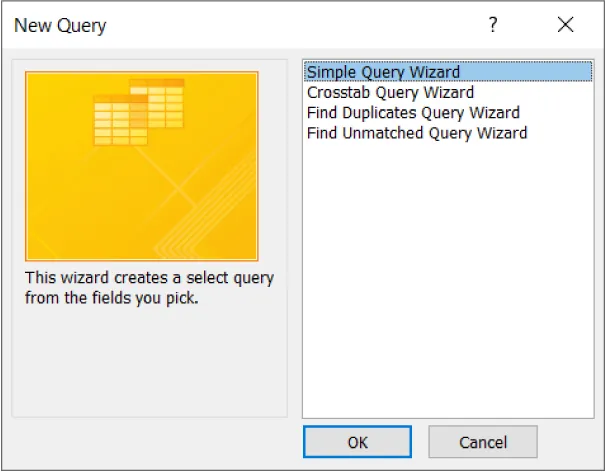 New Query pane displays options for picking fields for query: Simple Query Wizard (selected), Crosstab Query Wizard, Find Duplicates Query Wizard, Find Unmatched Query Wizard.