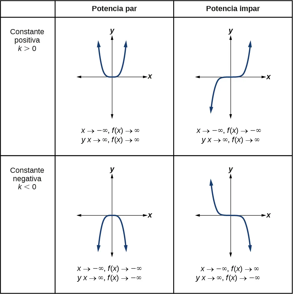 Gráfico de una función potencia par con una constante positiva. Cuando x va al infinito negativo, la función va al infinito positivo; cuando x va al infinito positivo, la función va al infinito positivo. Gráfico de una función potencia impar con una constante positiva. Cuando x va al infinito negativo, la función va al infinito positivo; cuando x va al infinito positivo, la función va al infinito negativo. Gráfico de una función potencia par con una constante negativa. Cuando x va al infinito negativo, la función va al infinito negativo; cuando x va al infinito positivo, la función va al infinito negativo. Gráfico de una función potencia impar con una constante negativa. Cuando x va al infinito negativo, la función va al infinito negativo; cuando x va al infinito positivo, la función va al infinito negativo.
