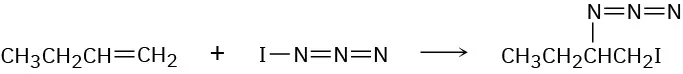 A reaction shows 1-butene reacting with iodine azide to form product where C1 of butane is bonded to iodine an C2 is bonded to the azide group.