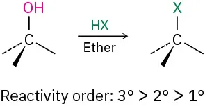 The reaction of tertiary alcohol with HX in the presence of ether forms an alkyl halide. The reactivity of alcohols in decreasing order is tertiary, secondary, and primary.