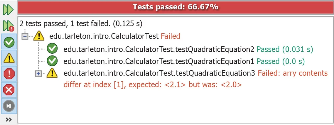 Screenshot of JUnit window with green arrows for tests run.