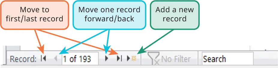 Lines with arrows pointing to buttons left/ right labeled Move to first/last record. Arrows pointing left/right labeled Move one record forward/back. Arrow pointing right with sun icon labeled Add a new record.