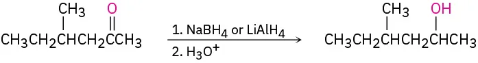 4-methylhexan-2-one reacts first with sodium borohydride or lithium aluminum hydride, then with hydronium ion to form 4-methylhexan-2-ol.