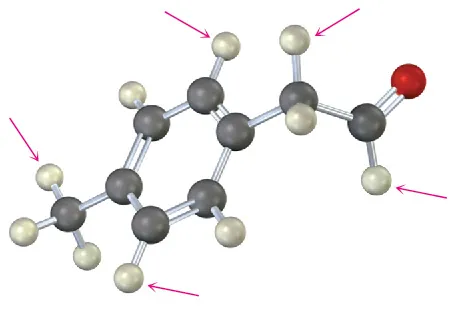 The ball-and-stick model has a benzene ring. C 1 is bonded to a 2-carbon chain, in which C 1 is an aldehyde group. C 4 is bonded to methyl.