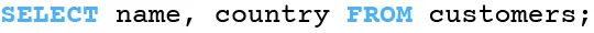 SQL query to select specific columns, 'name' and 'country', from the 'customers' table. This query retrieves only the data from these two columns. The syntax is color-coded for clarity.
