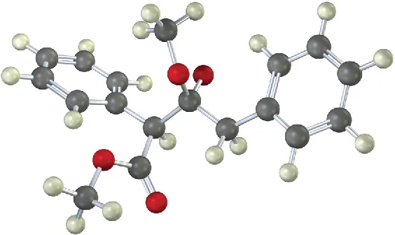 Ball-and-stick model of alkoxide ion methyl-3-methoxy-2, 4-diphenylbutanoate where third carbon is connected to oxygen. Grey, white, and red spheres denote C, H, and O, respectively.