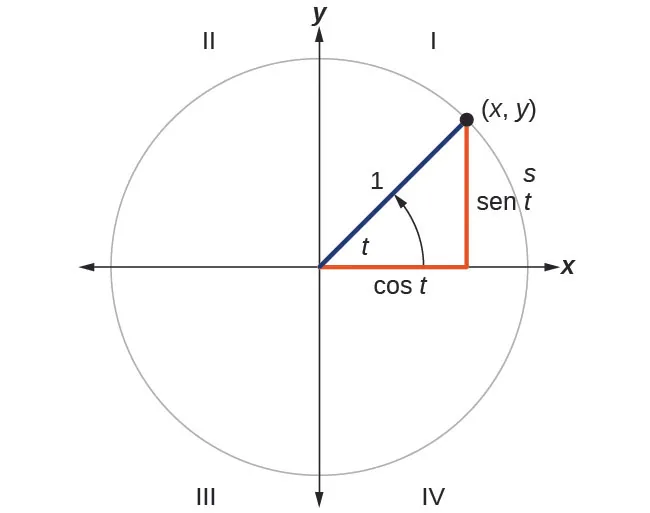 Gráfico de un círculo con ángulo t, radio de 1 y un arco creado por el ángulo con longitud s. El lado terminal del ángulo interseca el círculo en el punto (x,y).