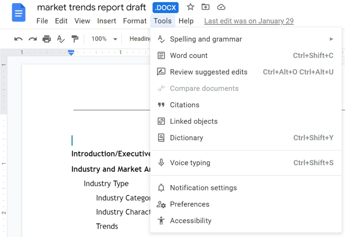 Google Docs Tools tab is selected with options: Spelling & grammar, Word Count, Review suggested edits, Compare documents, Citations, Linked objects, Dictionary, Voice typing, Notification settings, Preferences, and Accessibility.