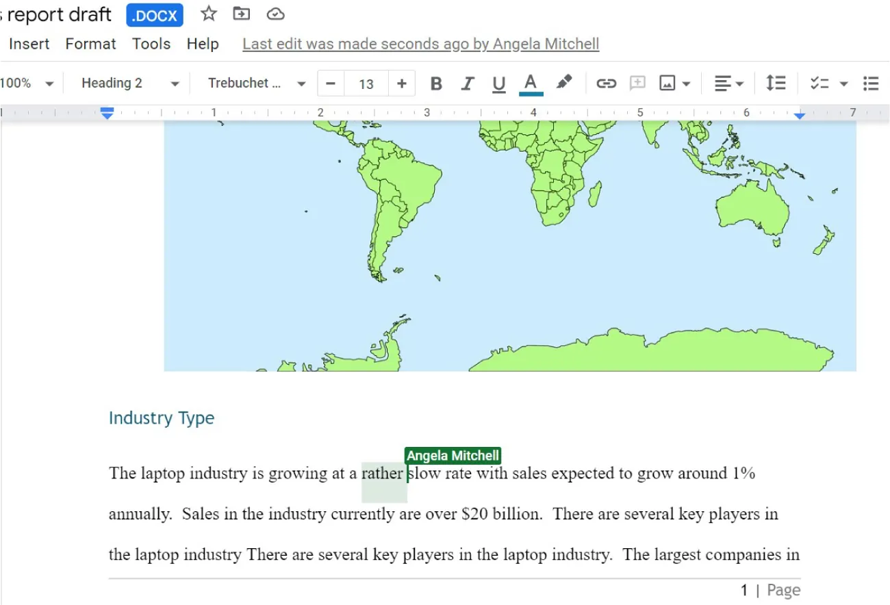 A word in a document is highlighted pale green and next to it is a dark green cursor with Angela Mitchell written in a dark green box in white font above it.