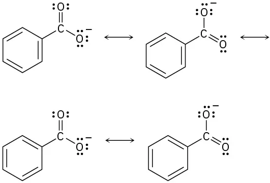 Two different resonance forms of benzoate, resulting in the migration of a negative charge from one oxygen to the other.