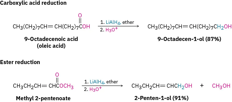 9-octadecenoic acid reacts first with lithium aluminum hydride and ether, then hydronium to form 9-octadecen-1-ol. Methyl-2-pentenoate reacts first with lithium aluminum hydride and ether, then hydronium, forming 2-penten-1-ol and methanol.