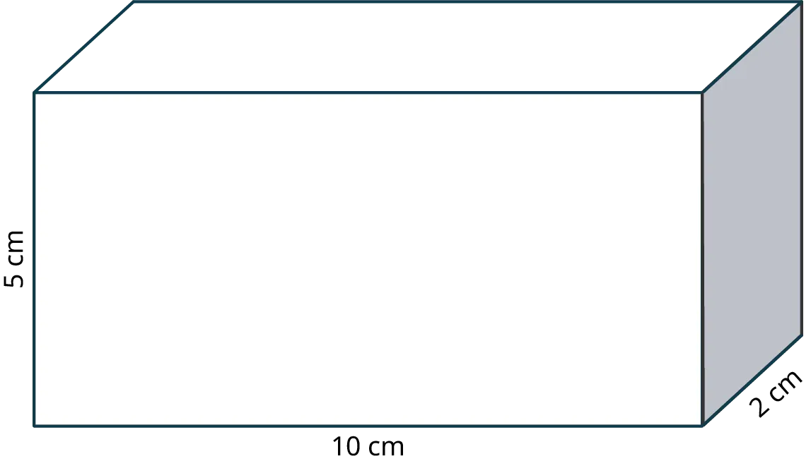 A rectangular prism. The length, width, and height of the prism are marked 10 centimeters, 2 centimeters, and 5 centimeters.