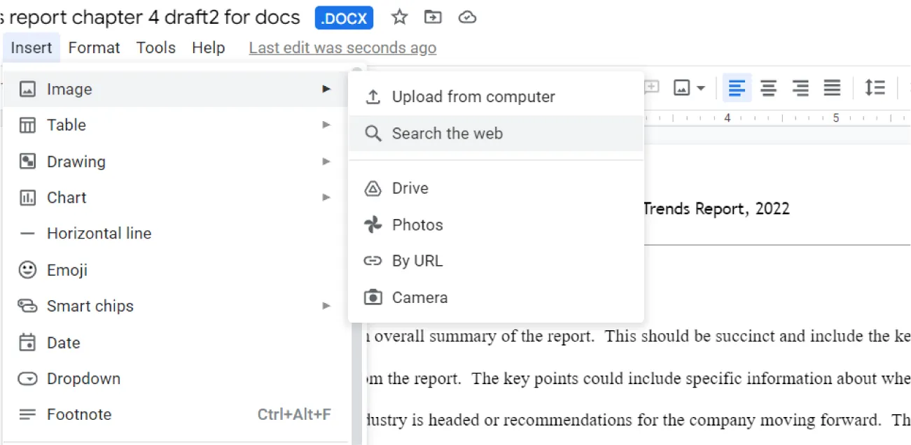 Insert opens to an Image option which opens to options for Upload from computer, Search the web (selected), Drive, Photos, by URL, and Camera.
