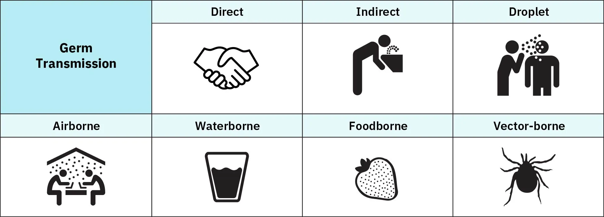 An infographic on the various ways germs are transmitted. The methods of transmission covered include: droplets, airborne, direct contact, indirect contact, waterborne, foodborne, and vector-borne.