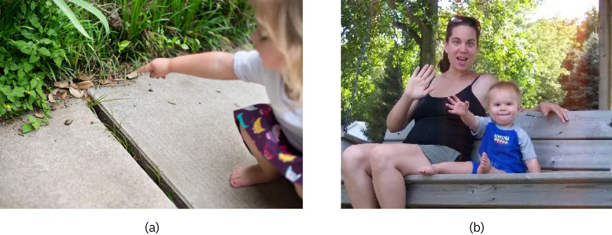 Photo of (left) child pointing at something in the grass and (b) child and parent waving.