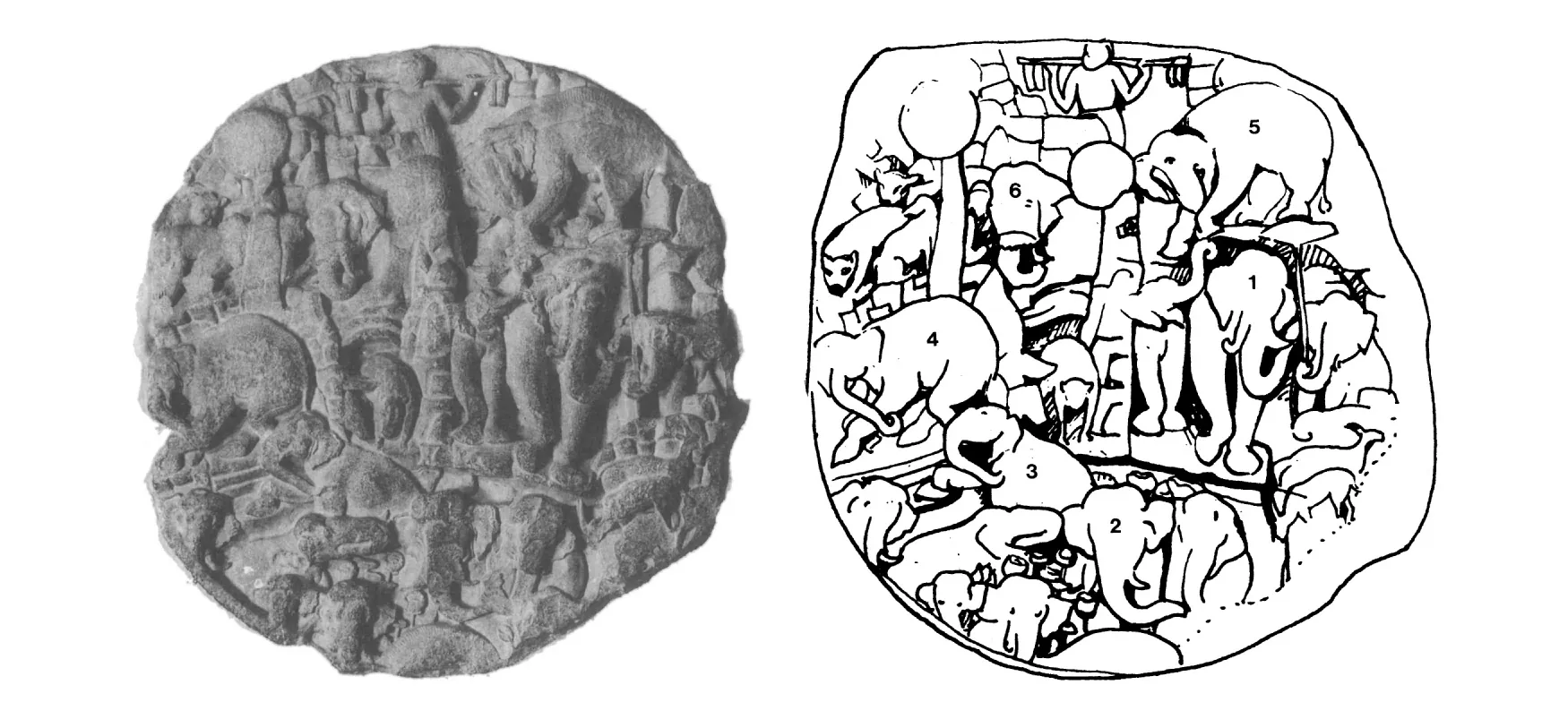 A Buddhist carved medallion dates from the later years BCE to the early CE. A diagram shows how to “read” the images on the medallion in a sequential order.