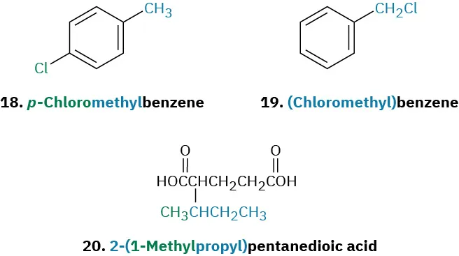 The structures of three compounds named p-chloromethylbenzene, (chloromethyl)benzene, and 2-(1-methylpropyl)pentanedioic acid.