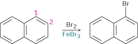 Naphthalene reacts with molecular bromine to form 1-bromonaphthalene.