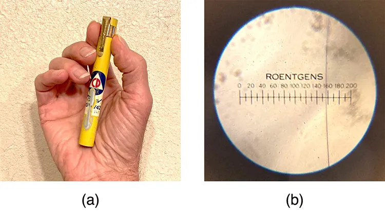 (a) A photo of a dosimeter in the palm of a hand. (b) A photo of a Roentgen scale from 0 to 200.
