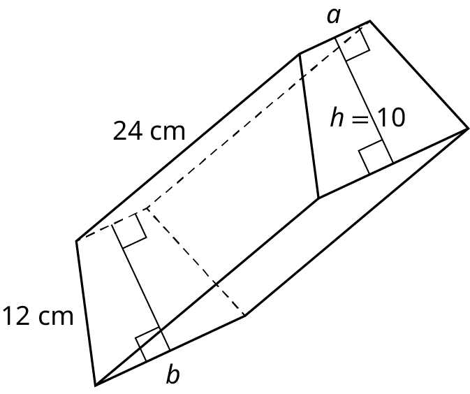 A right trapezoidal prism. The top and bottom bases of the trapezoid measure a and b. The sides of the trapezoid measure 12 centimeters. The height of the trapezoid is marked h equals 10. The length of the prism is marked 24 centimeters.
