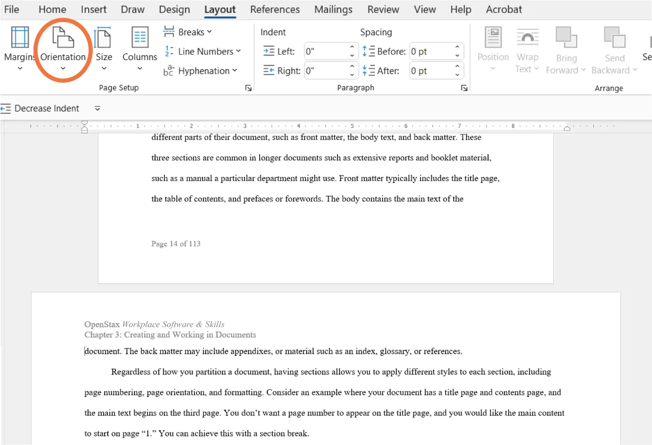 Orientation in Page Setup of Layout tab is selected. Two document pages are visible on the screen, one in a portrait style (thinner) and one in an orientation style (wider).