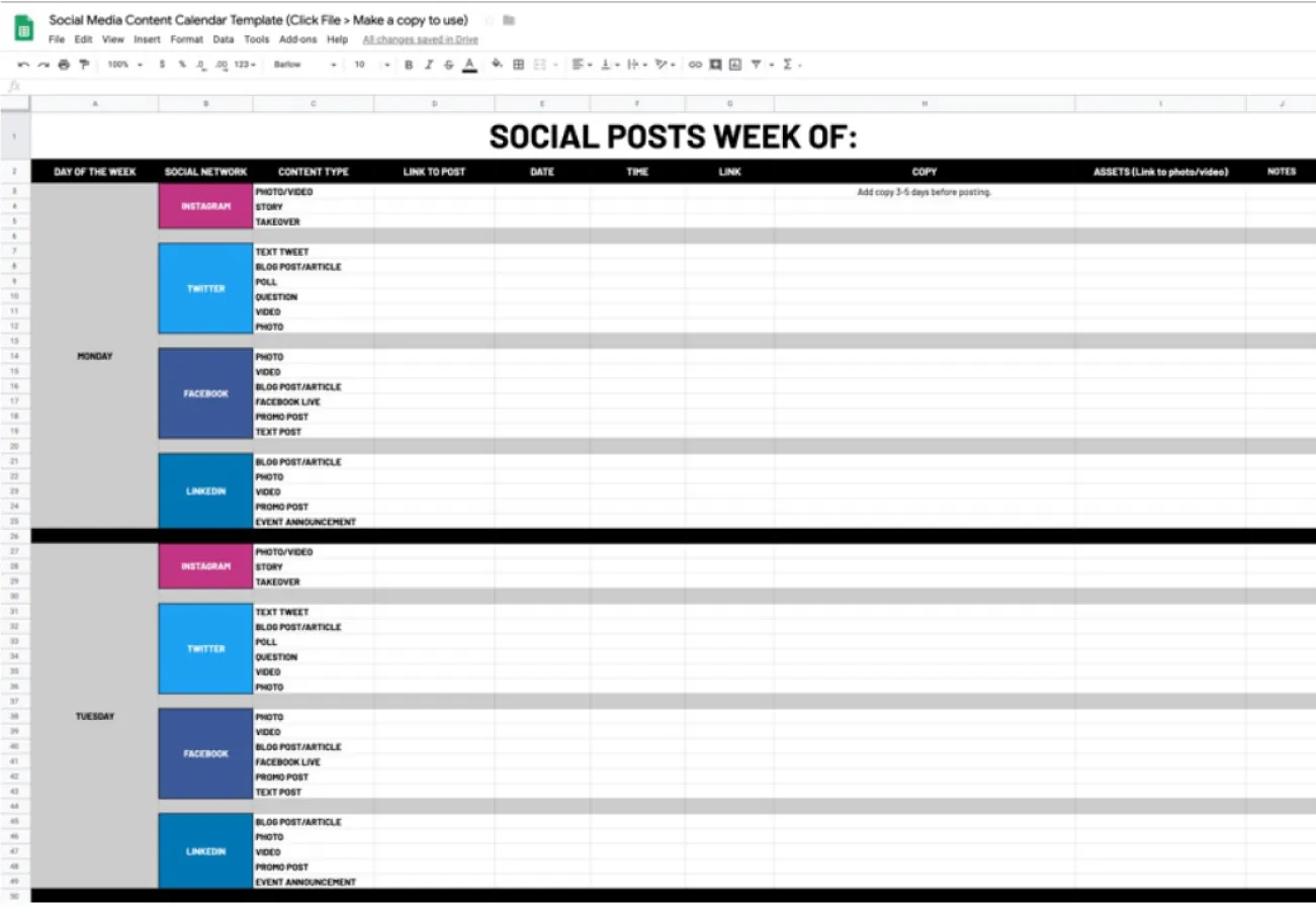 Social Posts Week Of file includes columns (ie: Day of the Week, Social Network, Content Type, Link to Post, Date, etc…). Rows include days and social media platforms. Content column displays tasks.