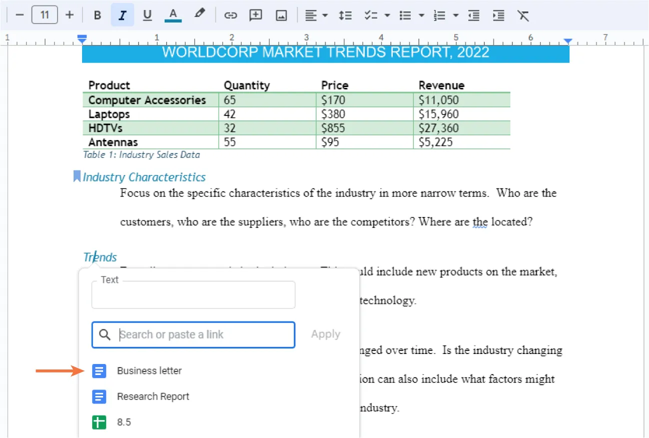 A Google Docs document with header, tables, and text is visible. A Text pane displays a Search Bar and a list of files to select to link. Business letter is highlighted.