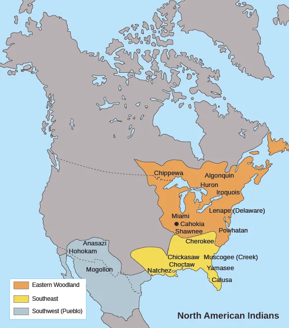 A map shows the locations of the Southwest (Pueblo) cultures, the Southeast cultures, and the Eastern Woodland tribes, as well as the ancient city of Cahokia.